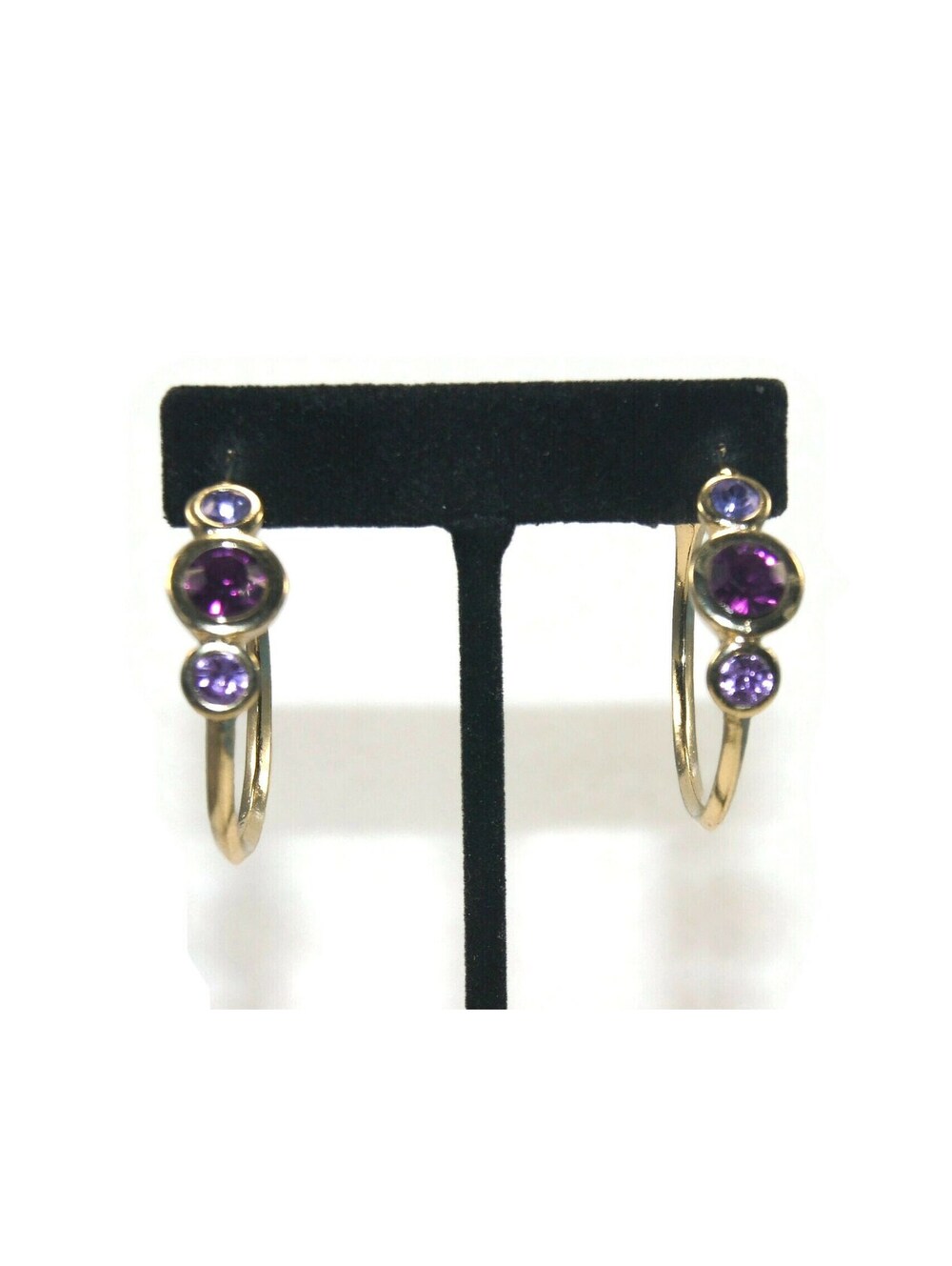 Vintage Gold Tone and Purple Rhinestones Hoop Earrings with Lever Backs.